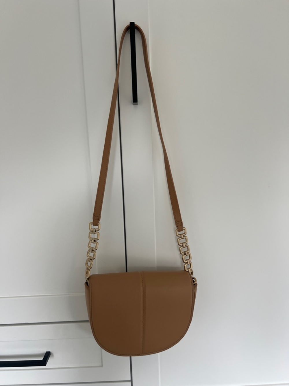 Zara Tan Crossbody Saddle Bag with Gold Chain Strap